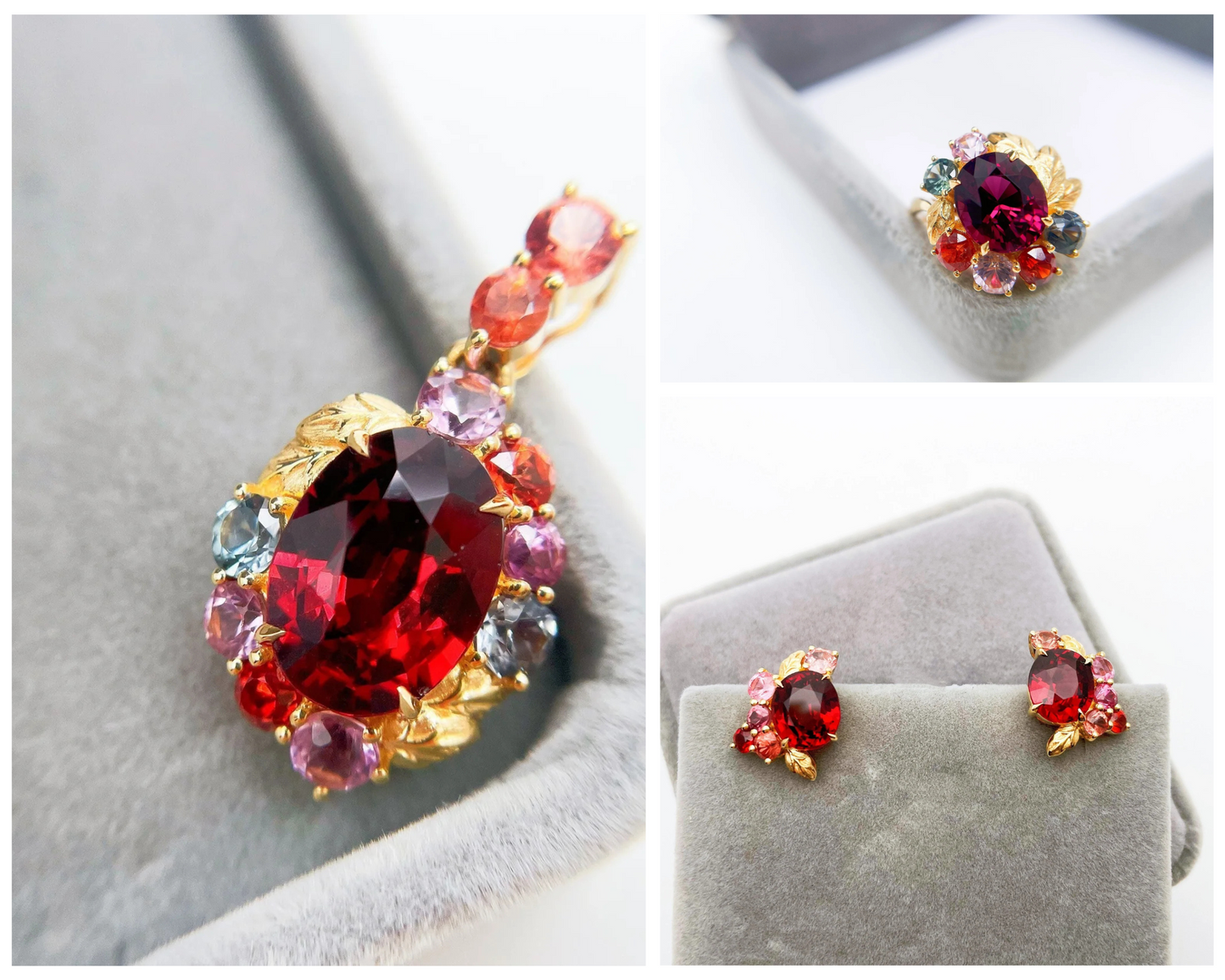 A set of three - 18K Gold Garnet Leafy Ring, Pendant & Earrings