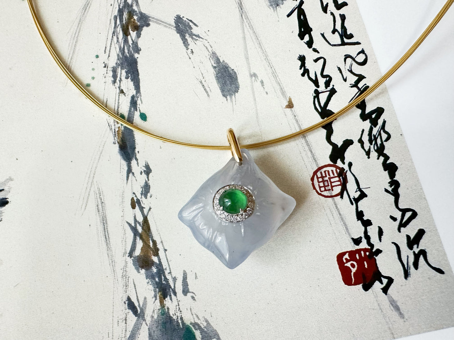 Imperial Green Jadeite and White Agate Pendant