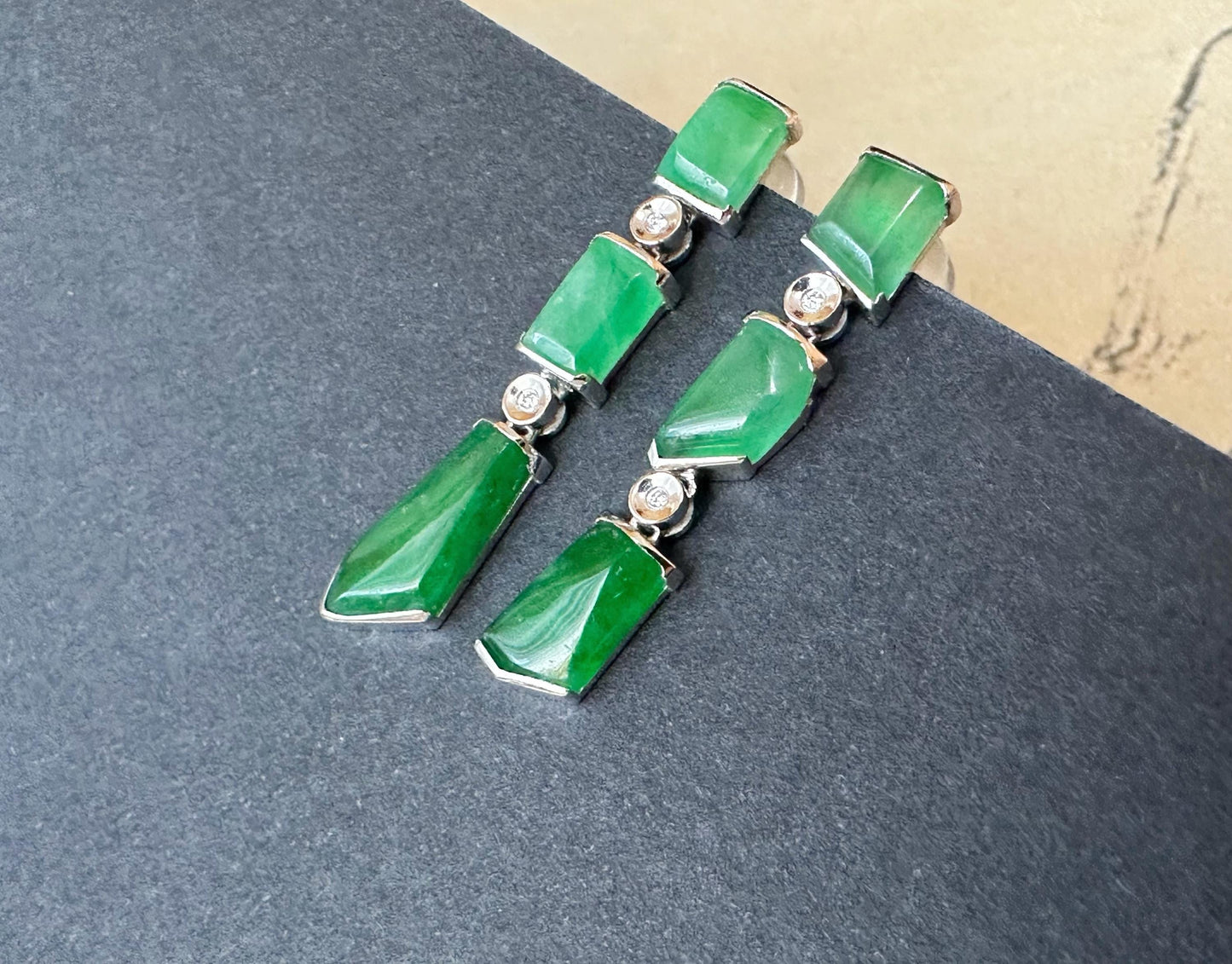 Natural Myanmar Icy Type Vivid Green Asymmetric Jade Earrings in 18K White Gold with Diamond