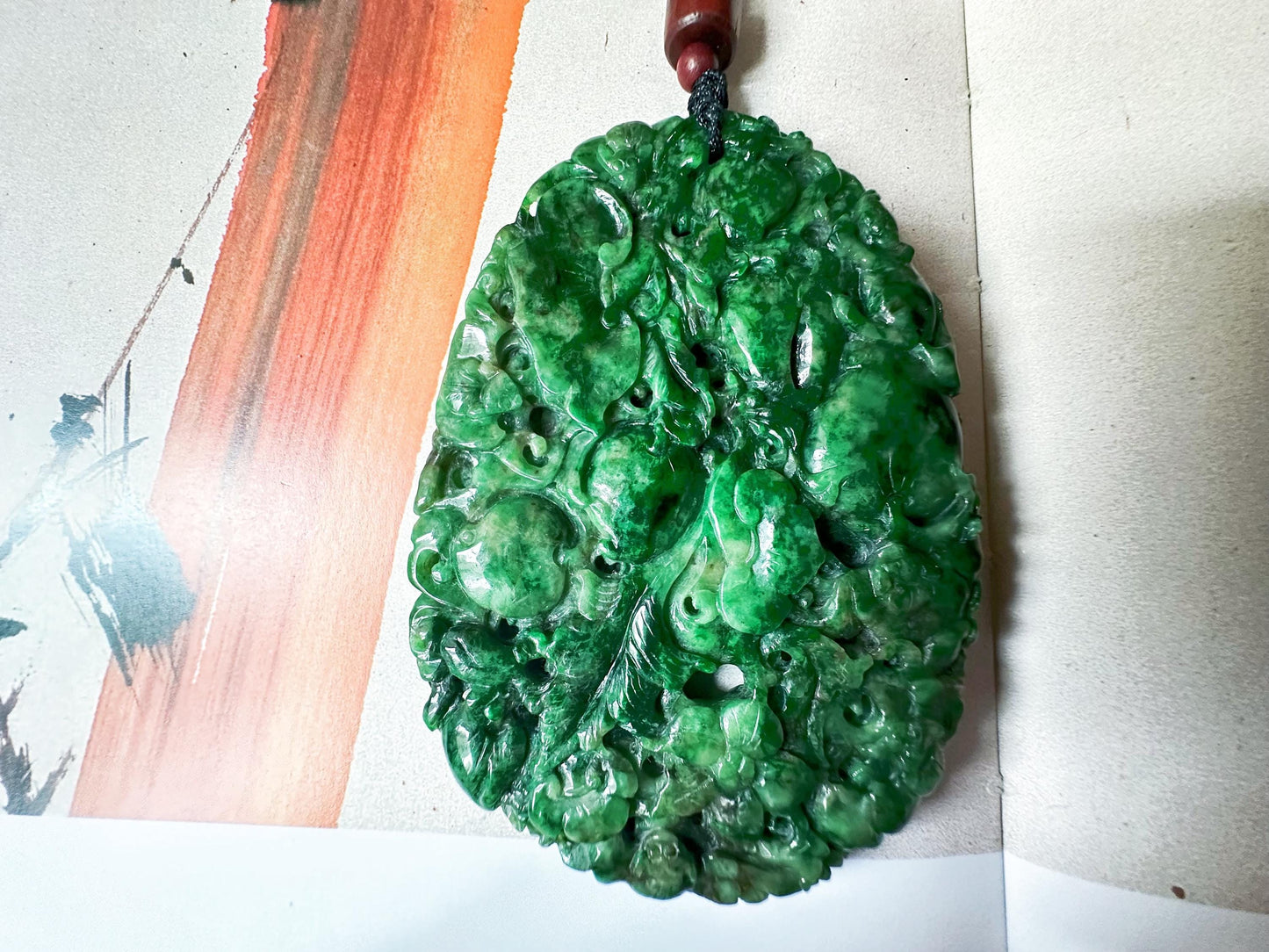 Handcrafted Giant Intense Green Jade Pendant | Artisan-Carved Ruyi, Peach, Monkey, and Lucky Symbols | Unique Jade Jewelry