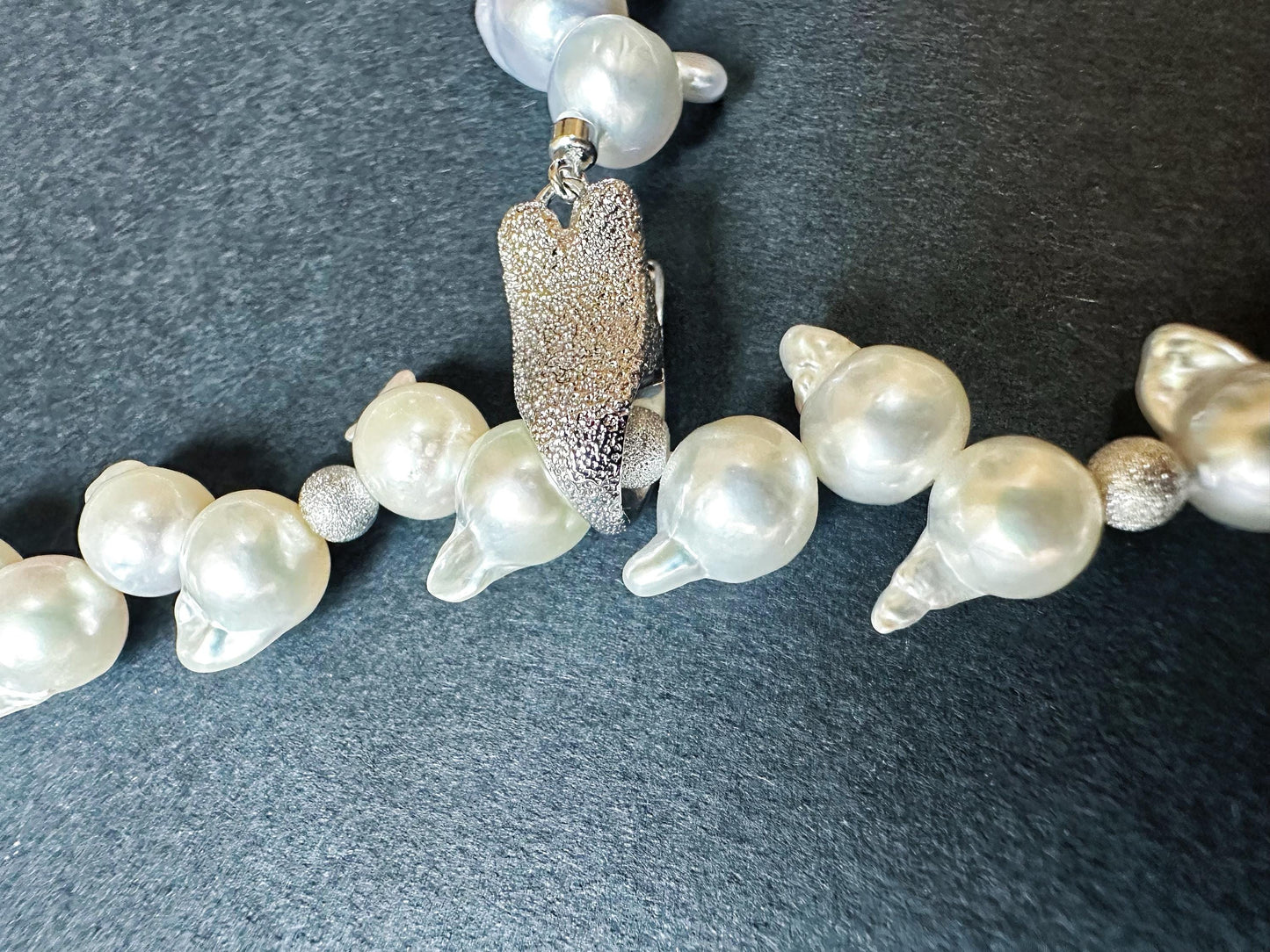 One-of-a-Kind Japan Akoya Pearl Long Necklace | White & Grey Pearls with Blue Tint | Adjustable Sterling Silver Clip | Wheat Ear Design