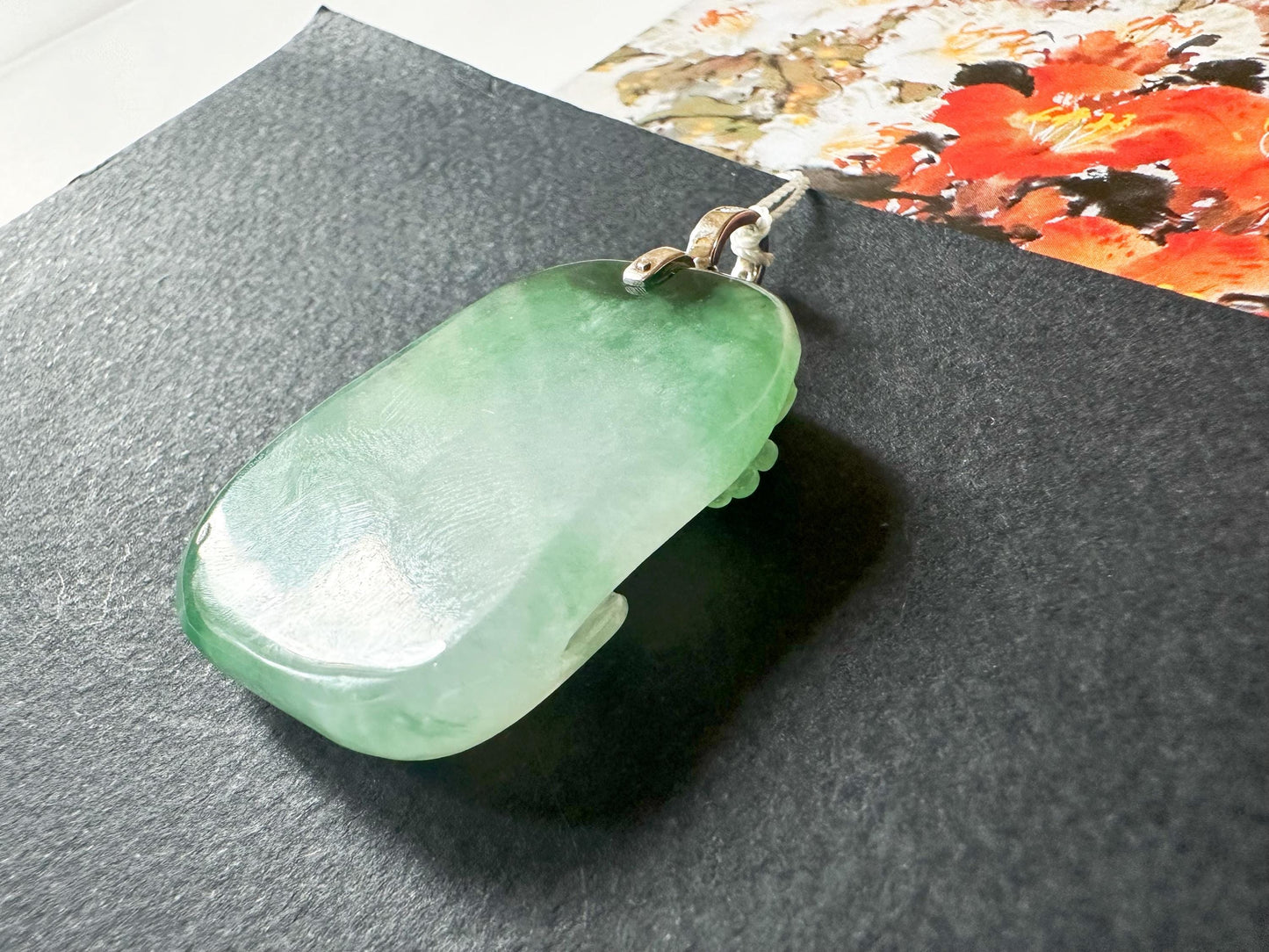 Natural Myanmar Icy Type Jade Pendant with 18K Gold Diamond Bail, Buddha Meditating under a Tree