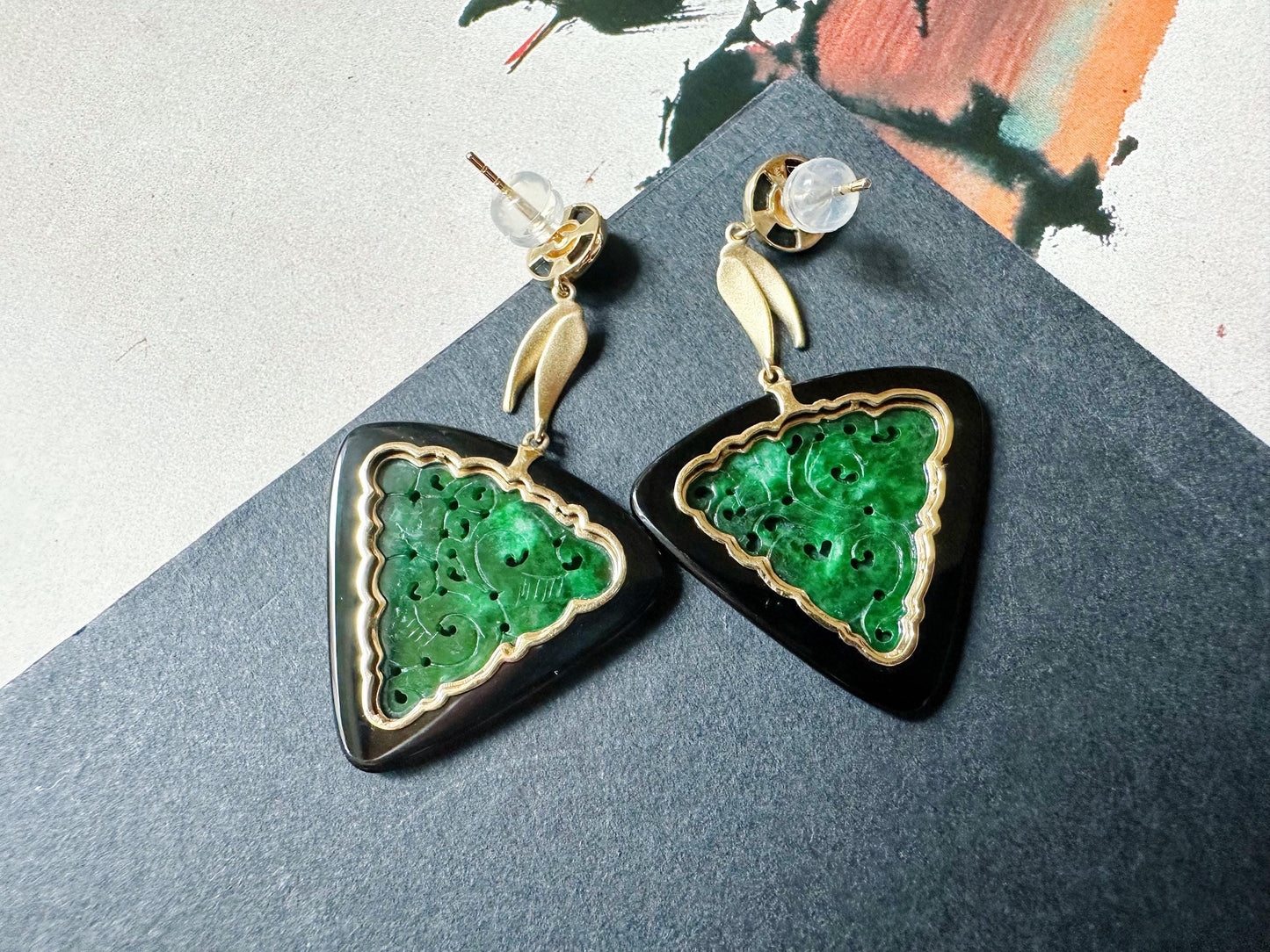 Natural Triangular Intense Green Jade Carved Earrings in Black Agate, 18K Gold & Diamond