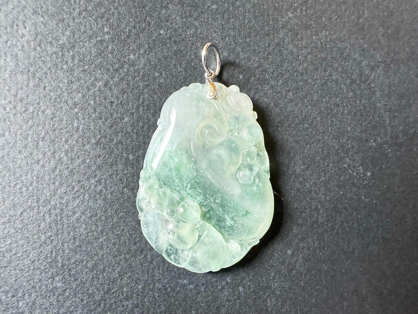 Natural Myanmar Icy Texture Blusih Green Ruyi Jade Pendant, with 18K White Gold Bail