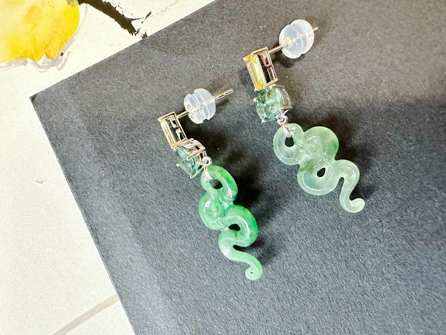 Natural Myanmar Asymmetric Jade Snake Earrings in 18K White Gold with Yellow Sapphires and Garnet