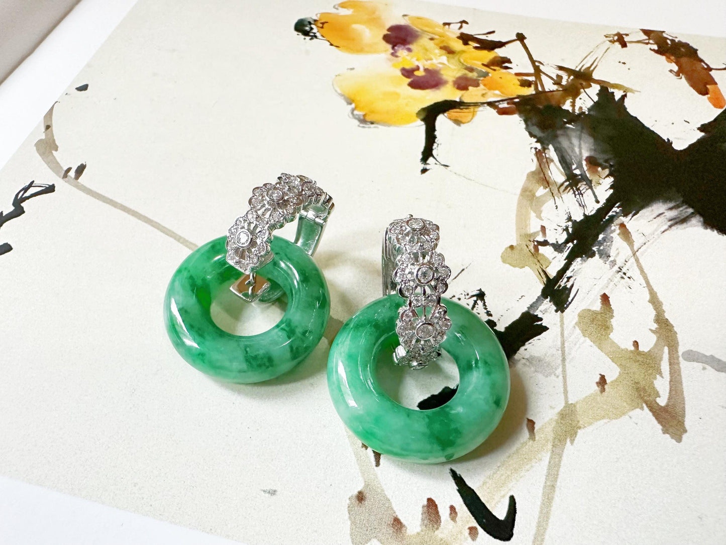 Natural Myanmar Icy Type Vivid Green Jade Donut in 18K White Gold, Diamond Hoop Earrings