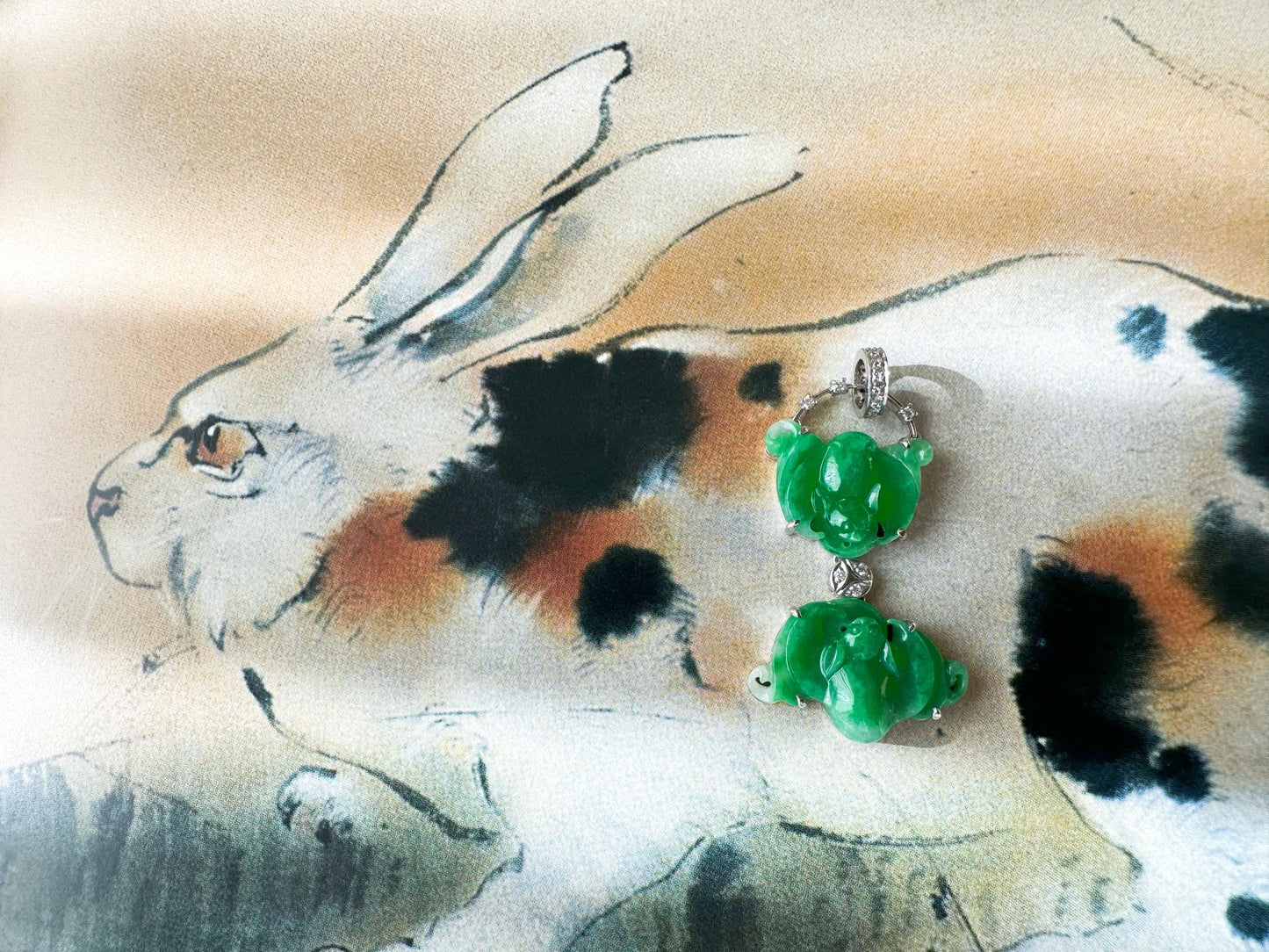 Natural Myanmar Twin Bats Vivid Green Jade Pendant in 18K White Gold with Diamonds