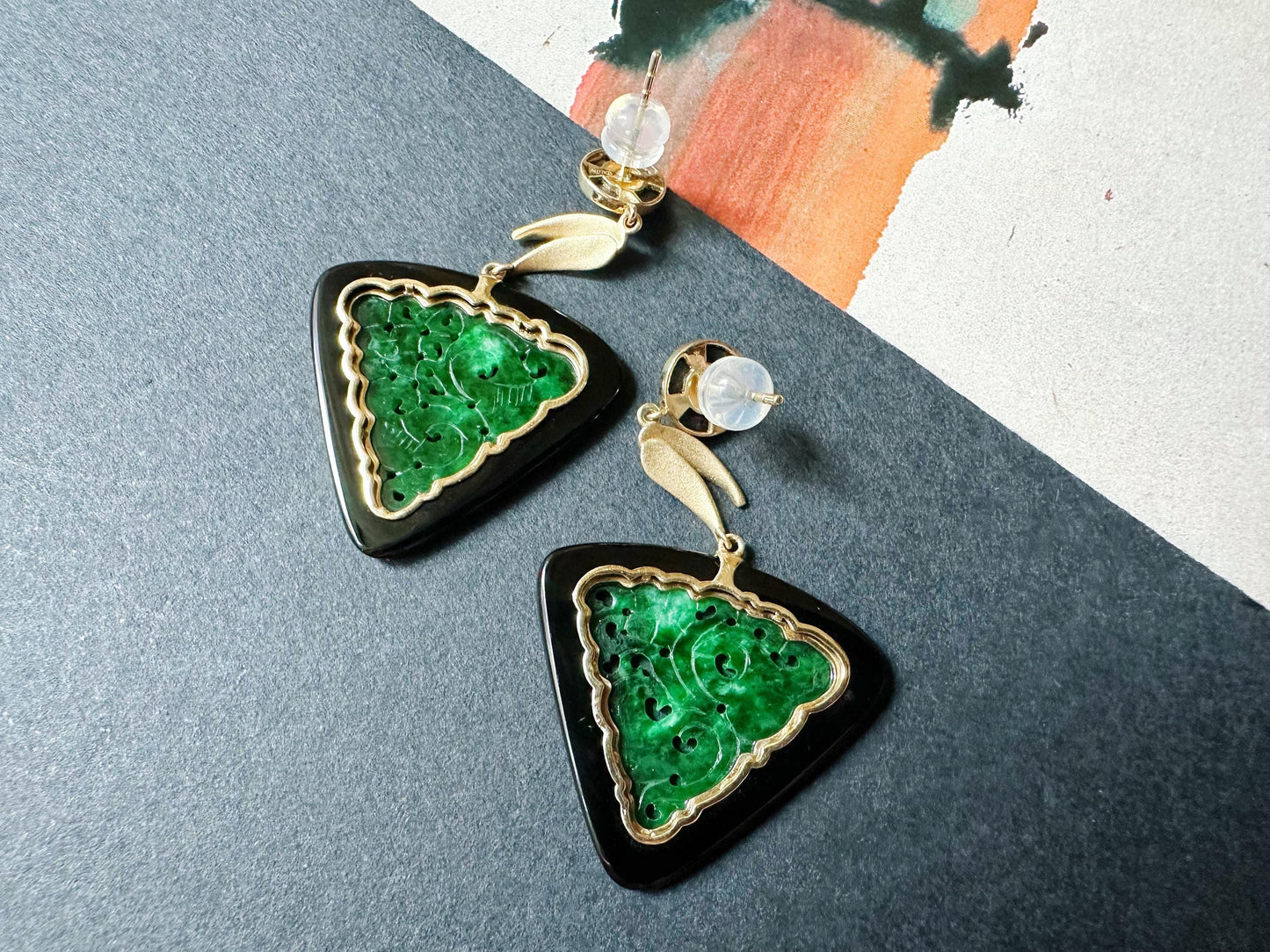 Natural Triangular Intense Green Jade Carved Earrings in Black Agate, 18K Gold & Diamond