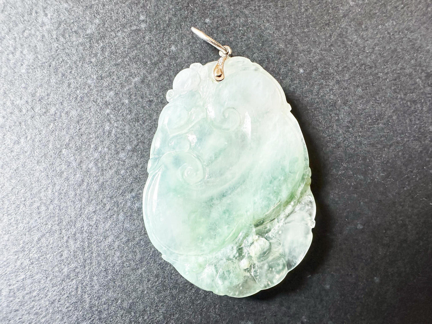 Natural Myanmar Icy Texture Blusih Green Ruyi Jade Pendant, with 18K White Gold Bail