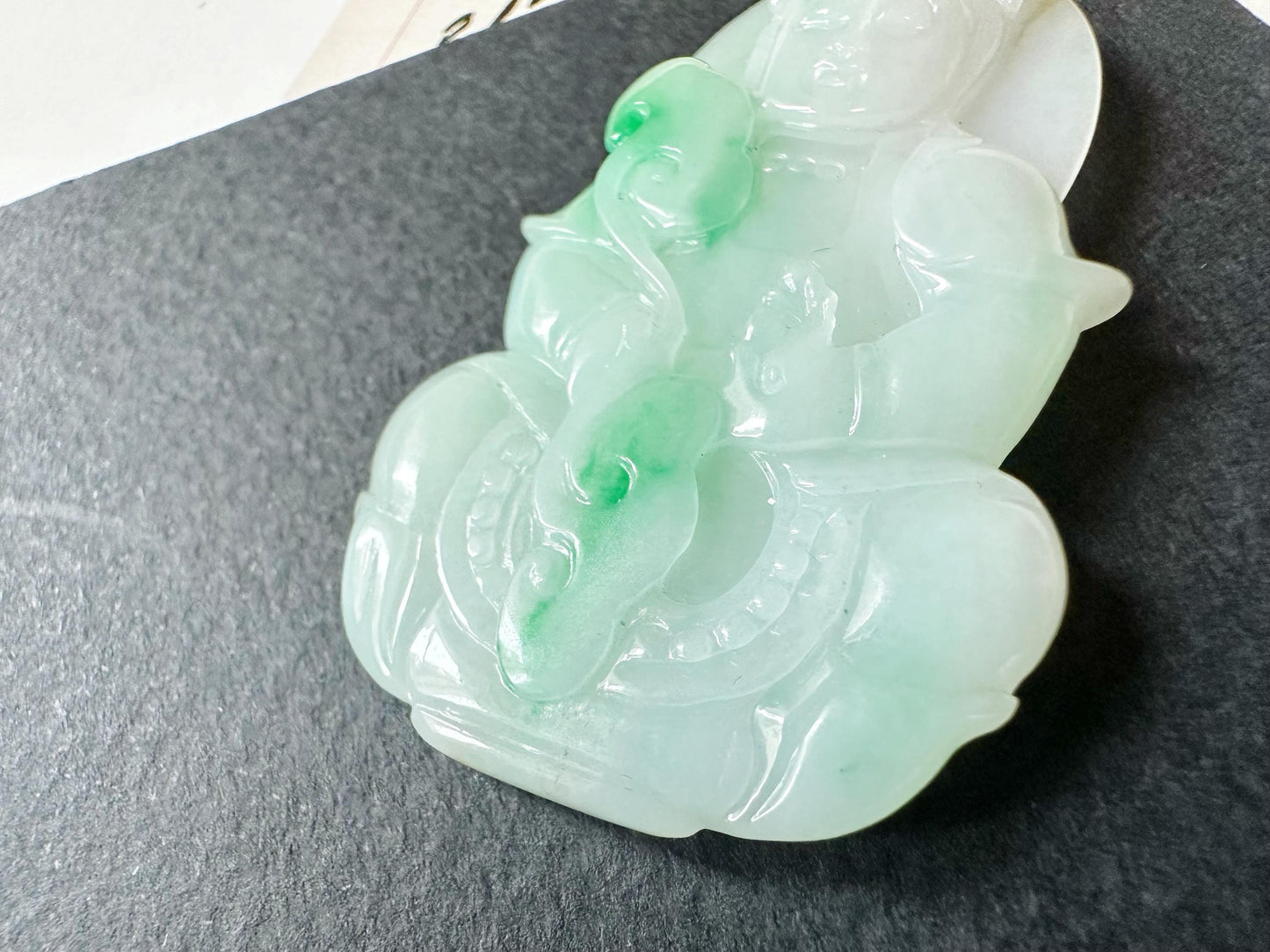 Natural Myanmar Guan Yin Green Jade Pendant with 18K White Gold and Diamond Bail