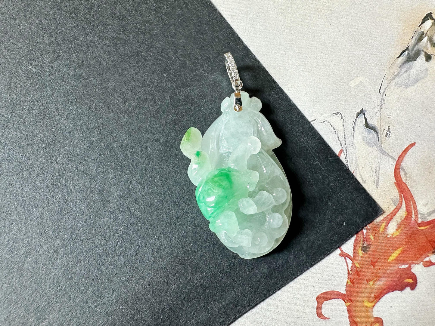 Natural Myanmar Icy Type Vivid Green Jadeite Carved Peach Pendant