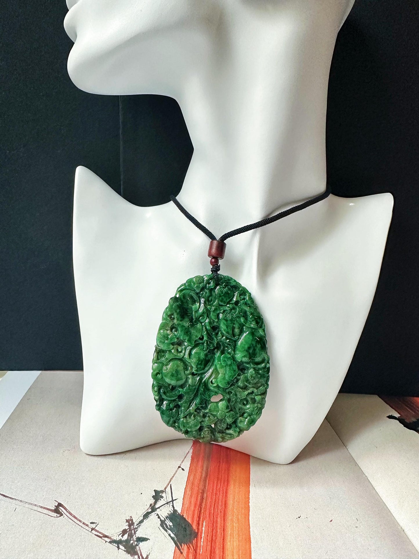 Handcrafted Giant Intense Green Jade Pendant | Artisan-Carved Ruyi, Peach, Monkey, and Lucky Symbols | Unique Jade Jewelry