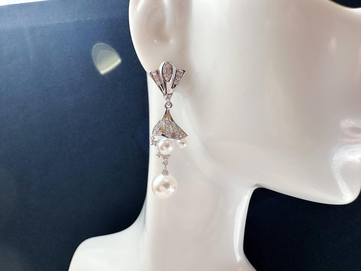 AAAA Grade Japan Akoya Pearl Mirror Like Multiple Wear Long Drop Pearl Earrings in 18K White Gold and Diamond