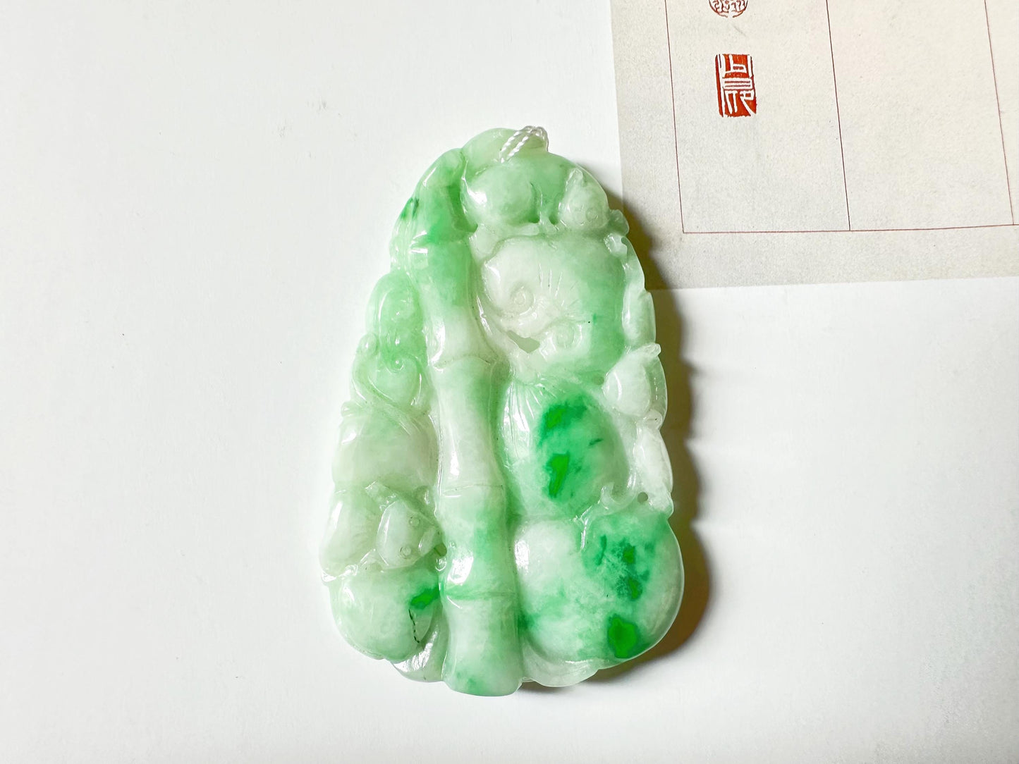 Natural Myanmar Bright Green Jade Carved Bamboo, Ruyi and Peach, Double-Faced