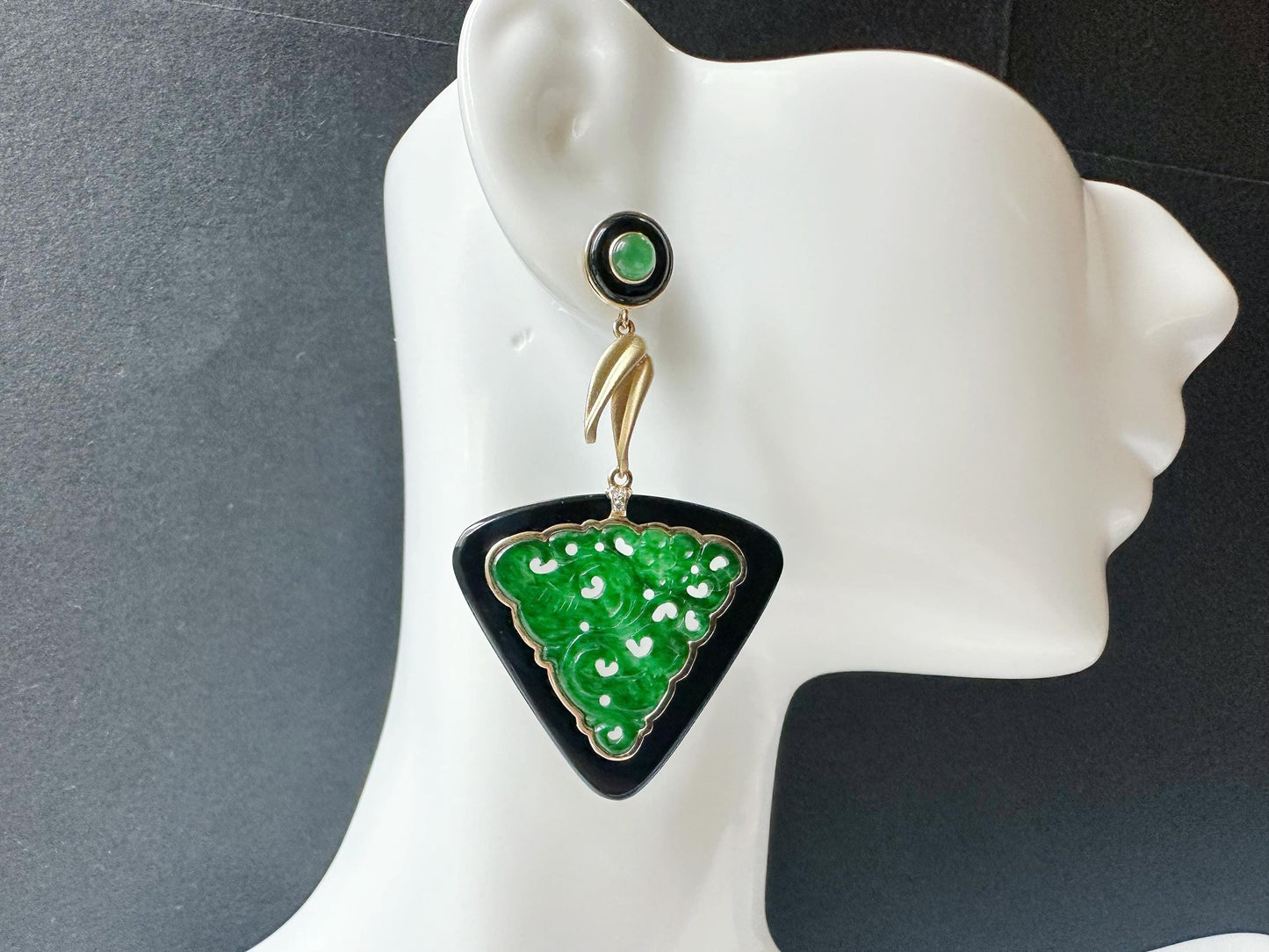 Natural Triangular Intense Green Jade Carved Earrings in Black Agate, 18K Gold & Diamond