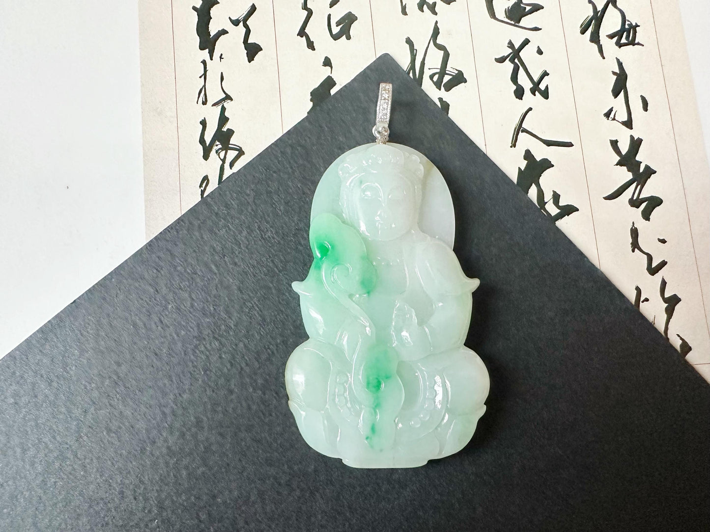 Natural Myanmar Guan Yin Green Jade Pendant with 18K White Gold and Diamond Bail
