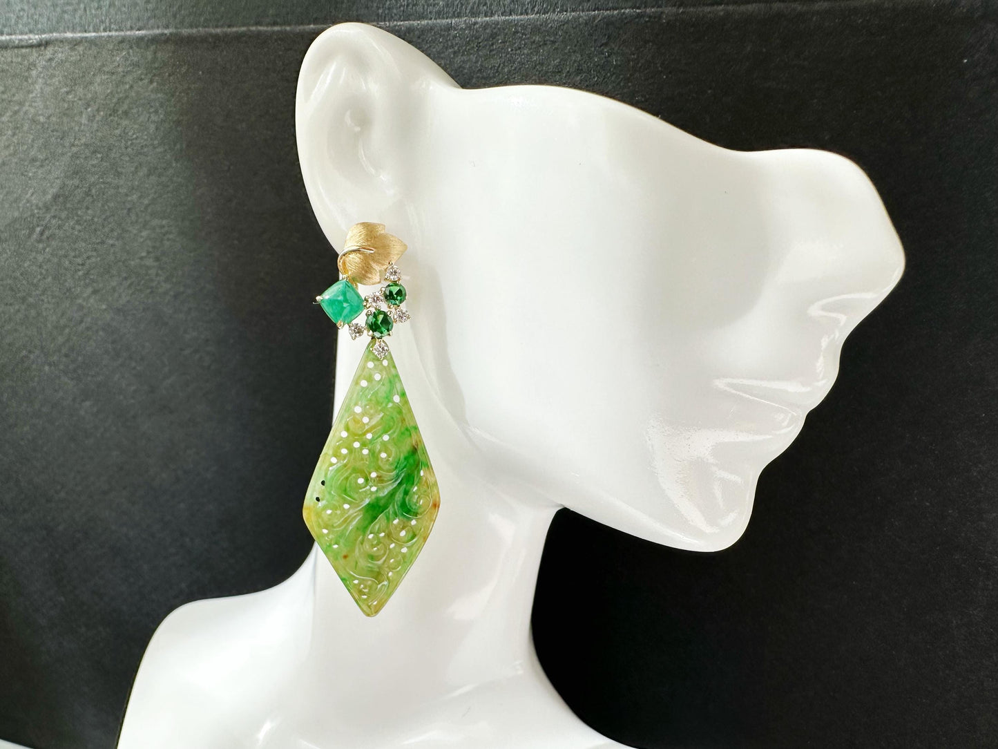 Natural Myanmar Handcrafted Vivid Bicolor Green and Yellow Jade 18K Gold Earrings, with Emerald and Tsavorite