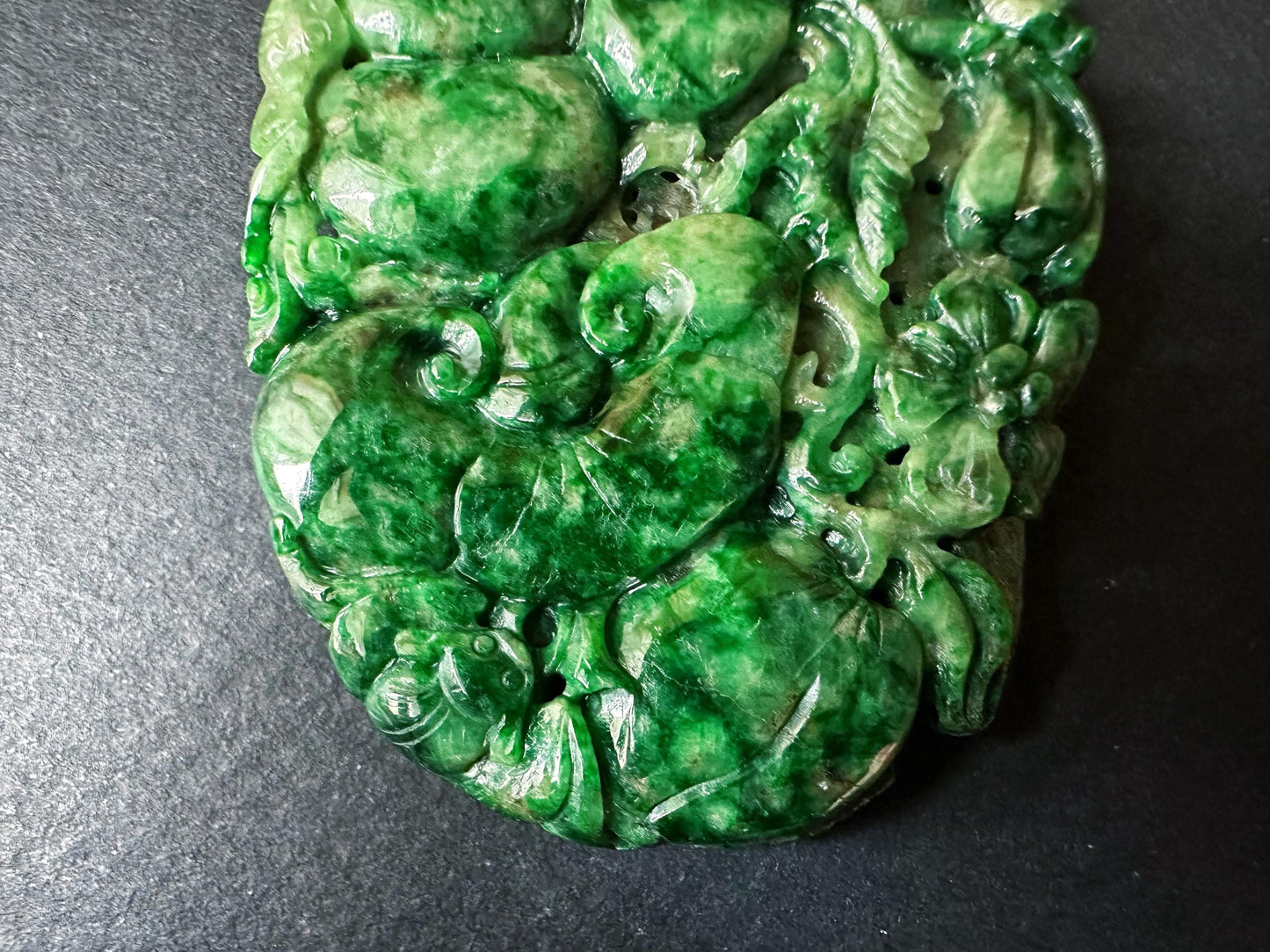 Handcrafted Giant Intense Green Jade Pendant | Artisan-Carved Ruyi, Peach and Lucky Symbols | Unique Jade Jewelry