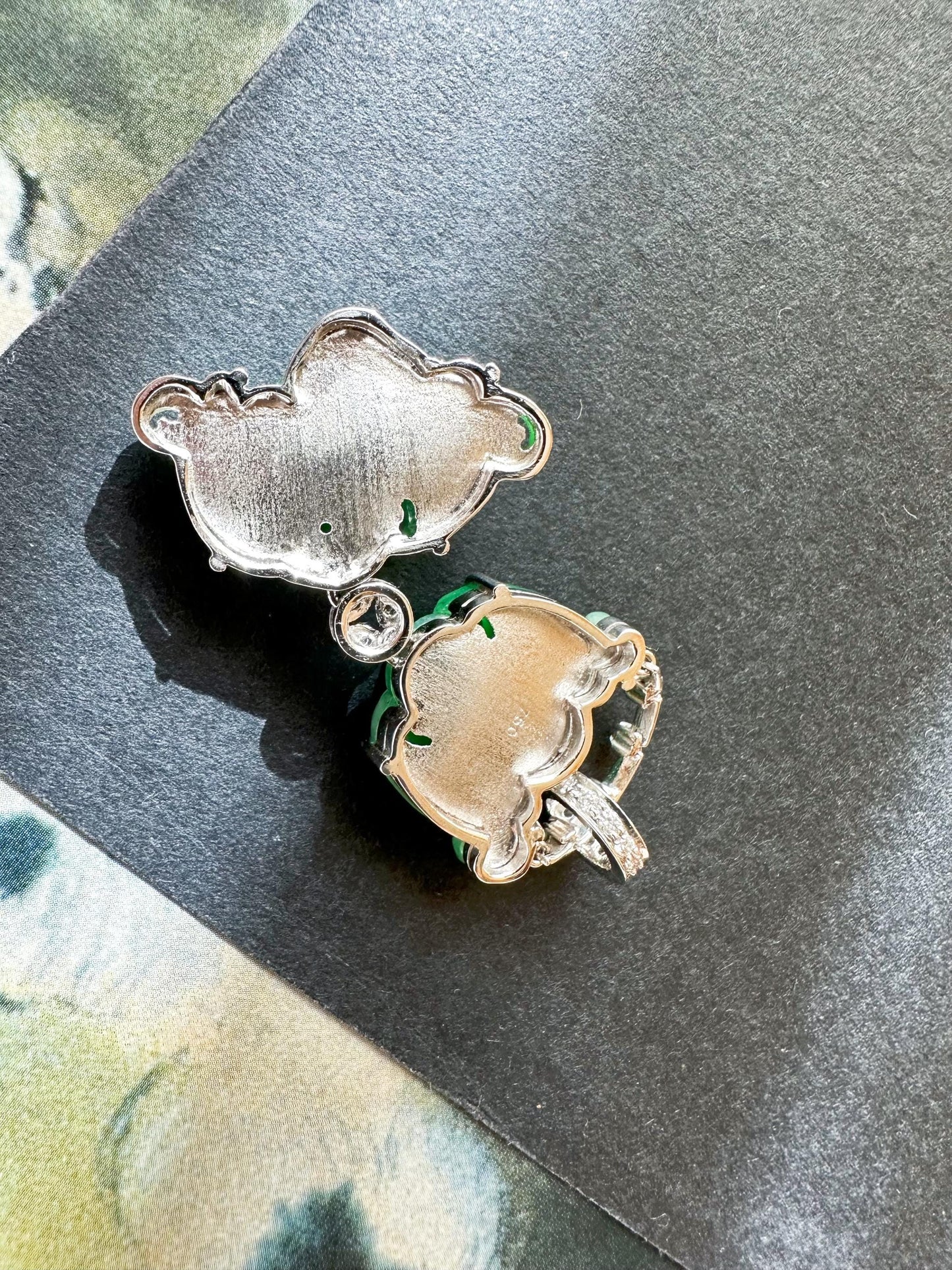 Natural Myanmar Twin Bats Vivid Green Jade Pendant in 18K White Gold with Diamonds