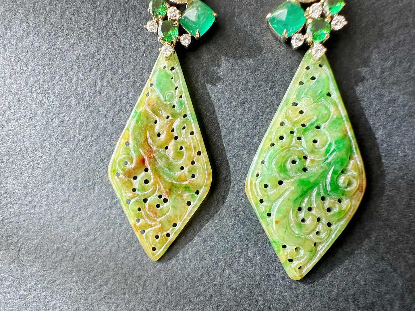 Natural Myanmar Handcrafted Vivid Bicolor Green and Yellow Jade 18K Gold Earrings, with Emerald and Tsavorite