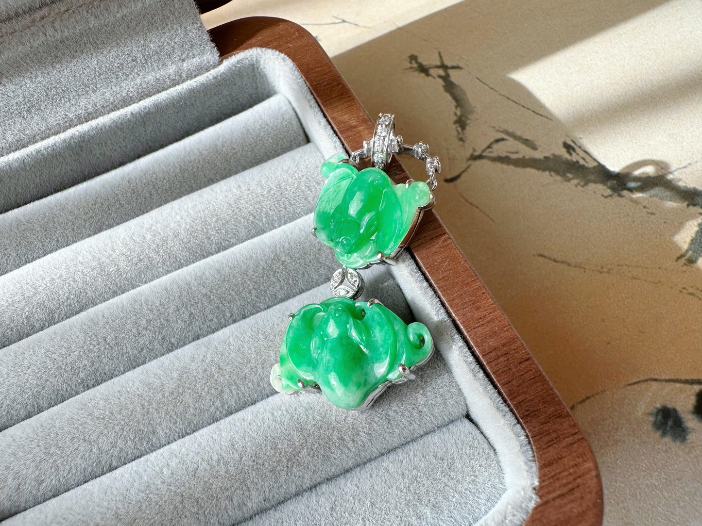 Natural Myanmar Twin Bats Vivid Green Jade Pendant in 18K White Gold with Diamonds