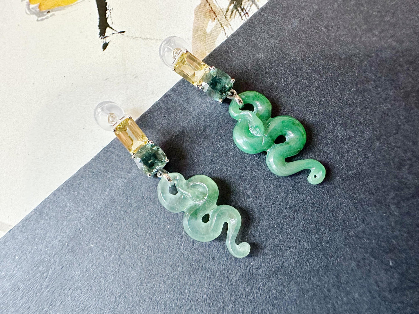 Natural Myanmar Asymmetric Jade Snake Earrings in 18K White Gold with Yellow Sapphires and Garnet