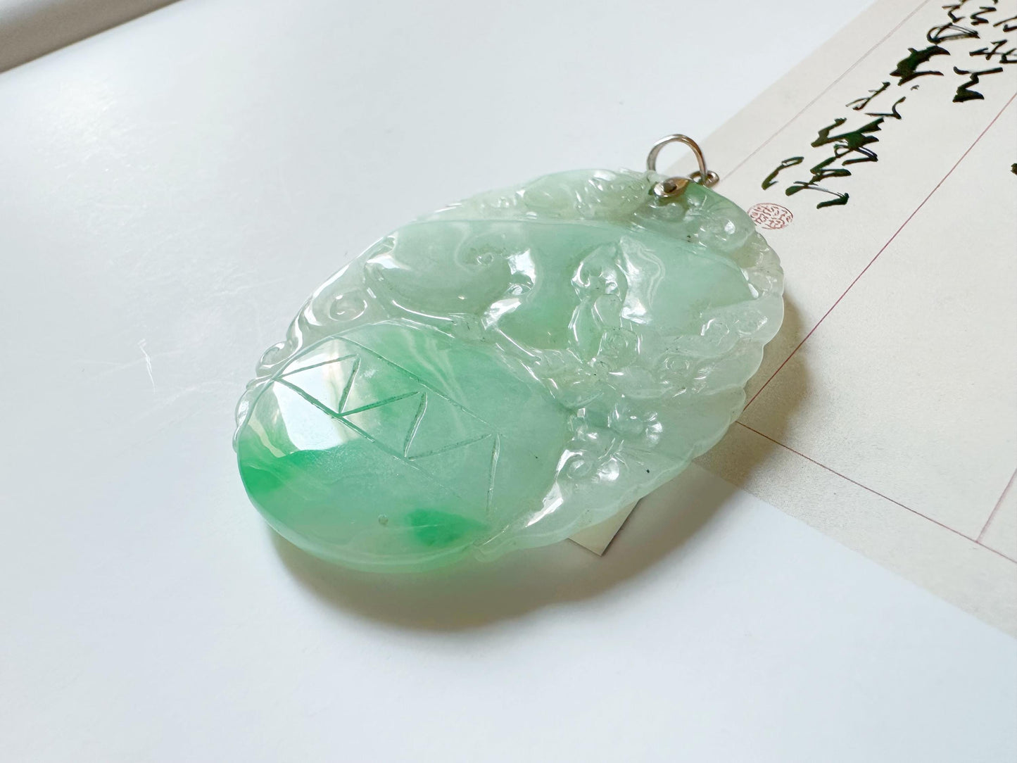 Natural Myanmar Bright Green Loong Jade Pendant with 18K Gold Bail, mythical creatures
