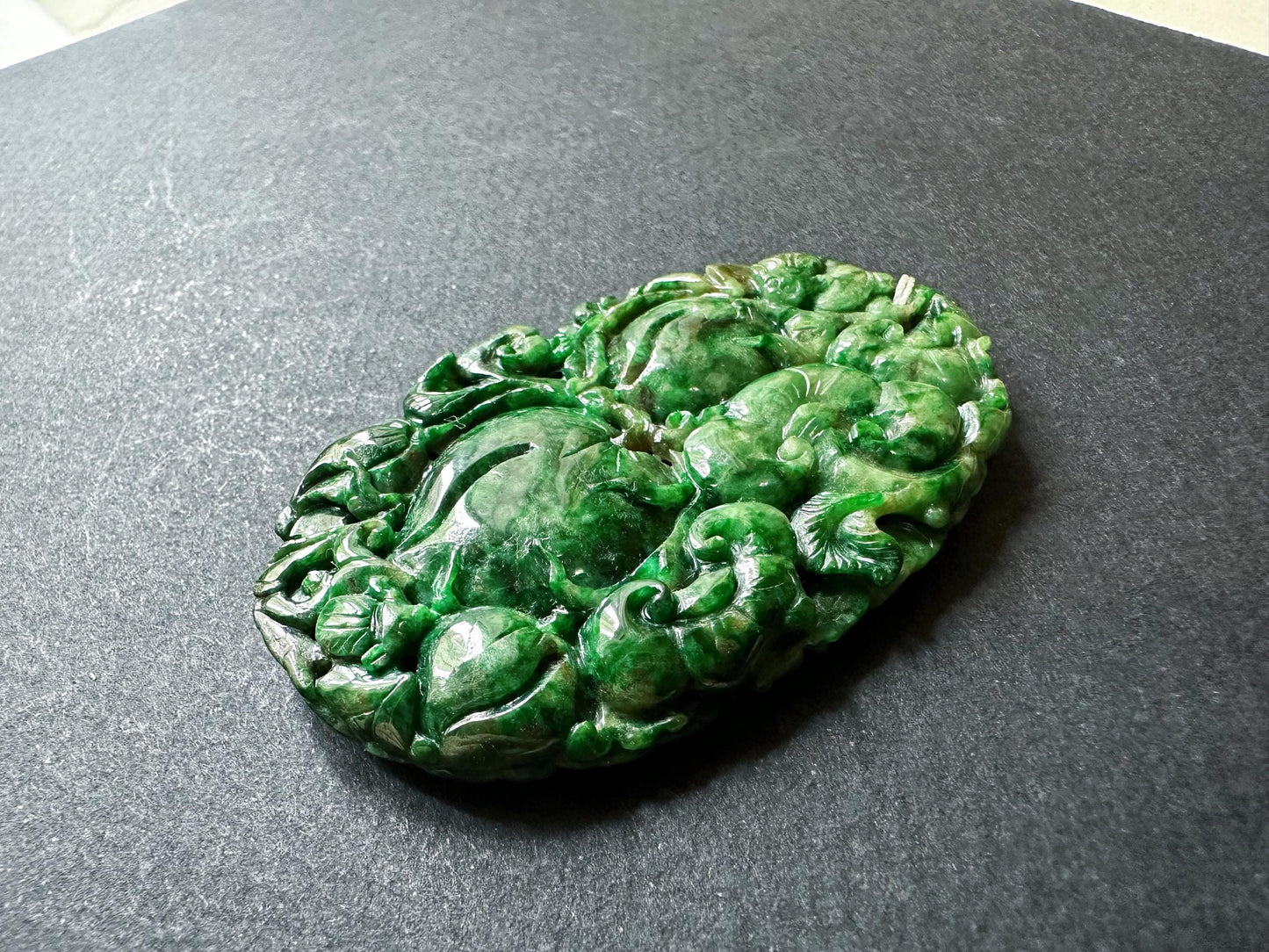 Handcrafted Giant Intense Green Jade Pendant | Artisan-Carved Ruyi, Peach and Lucky Symbols | Unique Jade Jewelry