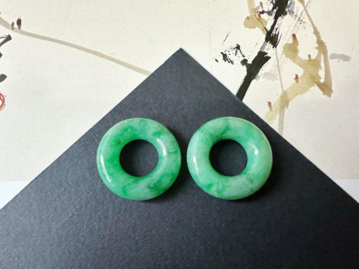 Natural Myanmar Icy Type Vivid Green Jade Donut in 18K White Gold, Diamond Hoop Earrings