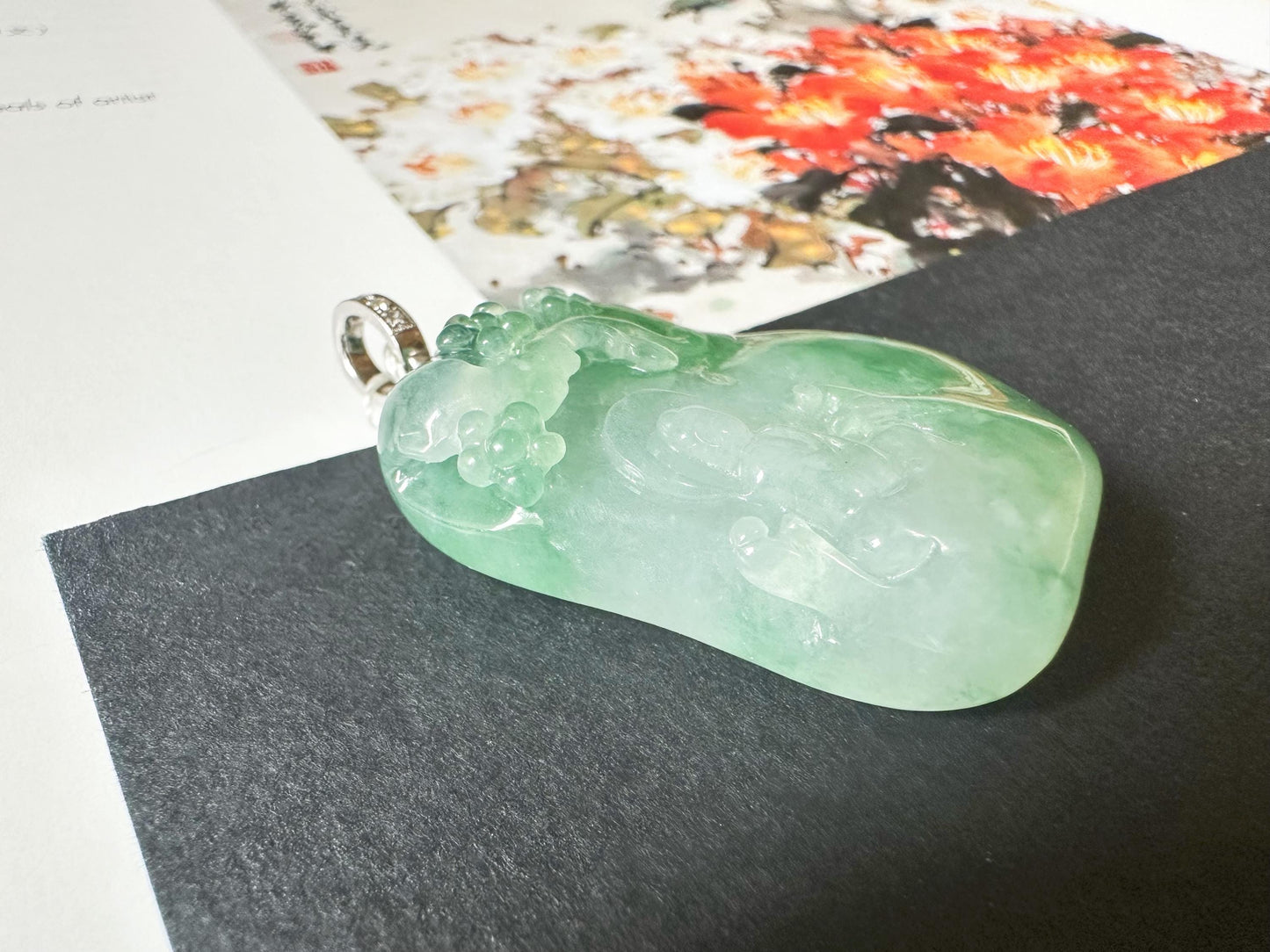Natural Myanmar Icy Type Jade Pendant with 18K Gold Diamond Bail, Buddha Meditating under a Tree
