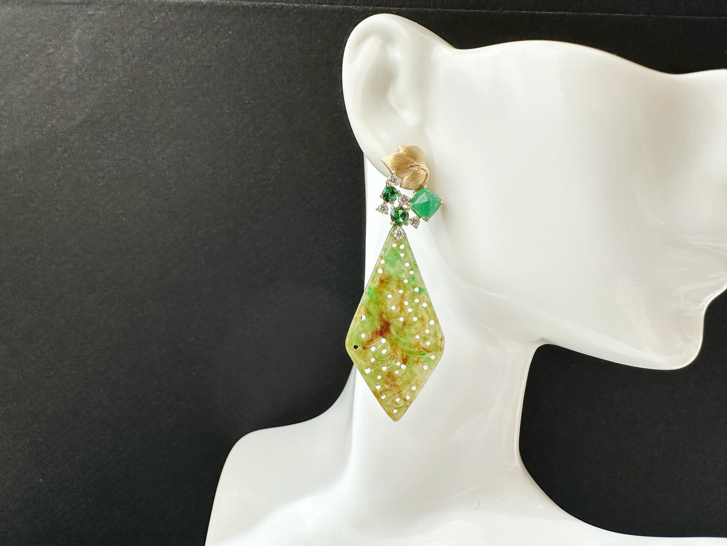 Natural Myanmar Handcrafted Vivid Bicolor Green and Yellow Jade 18K Gold Earrings, with Emerald and Tsavorite