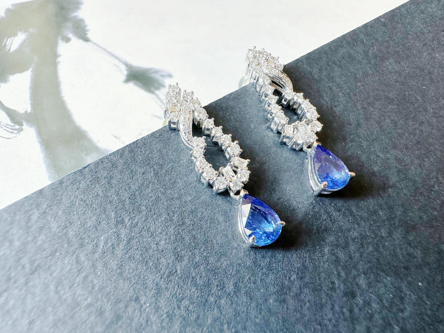 Natural Sri Lanka Vivid Blue Sapphire Set in 18k White Gold Drop Earrings, Diamond Ear Studs, September Birthstone