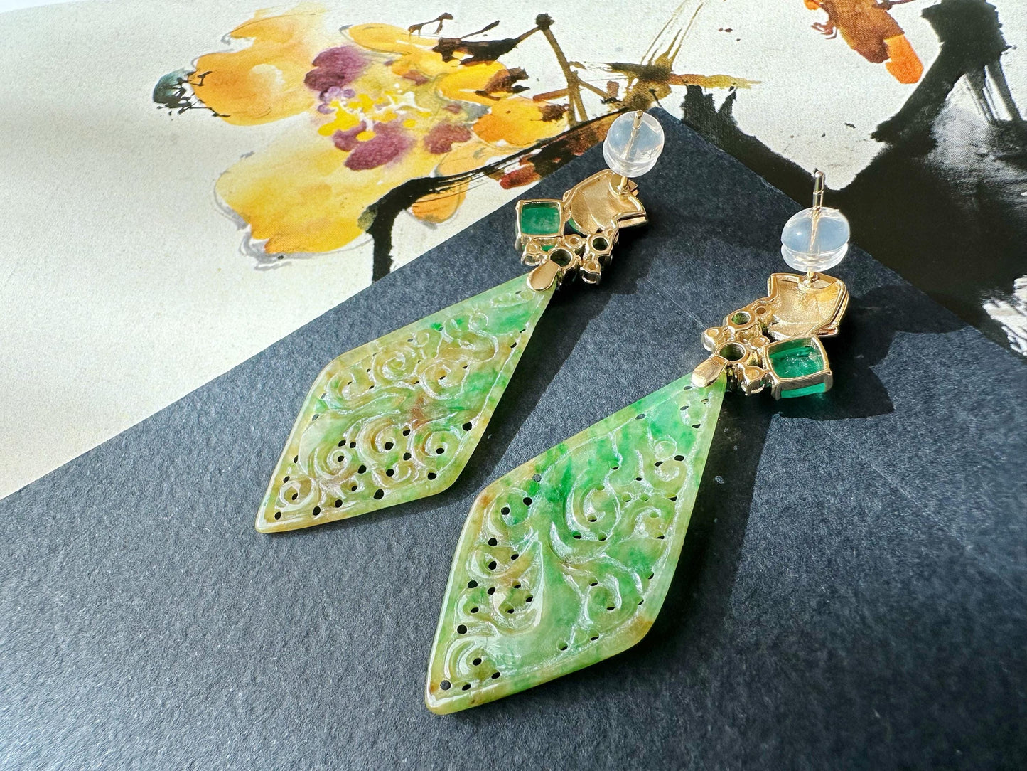 Natural Myanmar Handcrafted Vivid Bicolor Green and Yellow Jade 18K Gold Earrings, with Emerald and Tsavorite