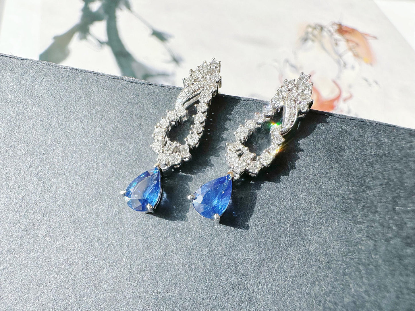 Natural Sri Lanka Vivid Blue Sapphire Set in 18k White Gold Drop Earrings, Diamond Ear Studs, September Birthstone