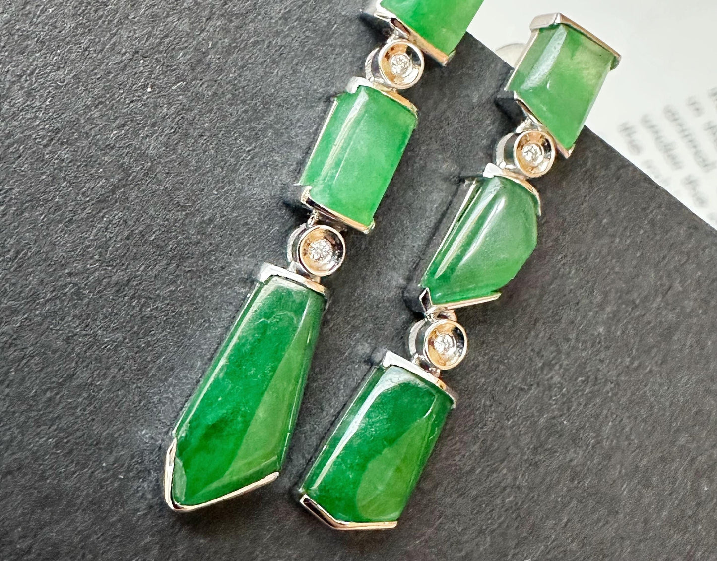 Natural Myanmar Icy Type Vivid Green Asymmetric Jade Earrings in 18K White Gold with Diamond