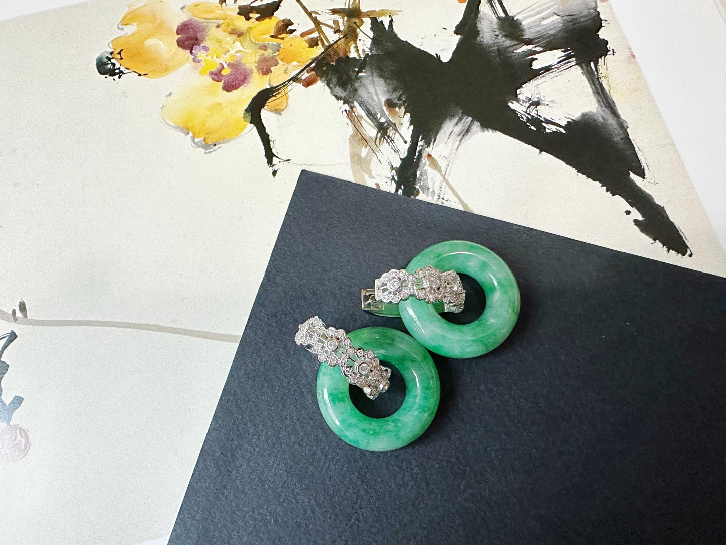 Natural Myanmar Icy Type Vivid Green Jade Donut in 18K White Gold, Diamond Hoop Earrings