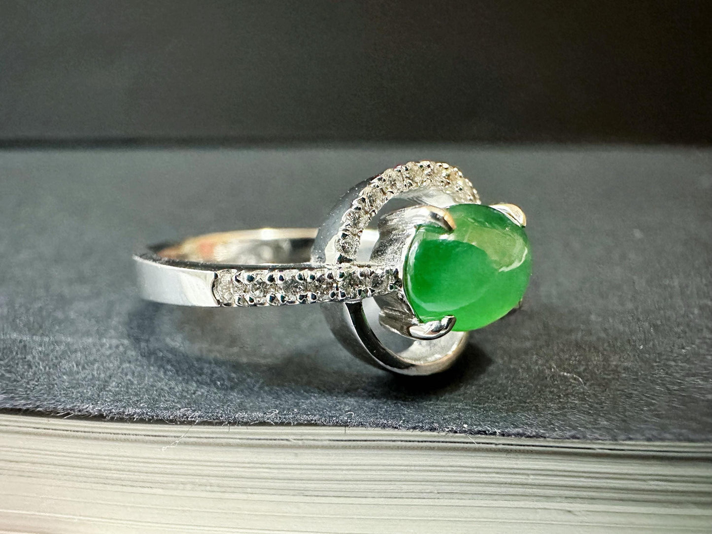 Natural Myanmar Imperial Green Jade Cabochon Ring in 18K White Gold with Diamond Accents