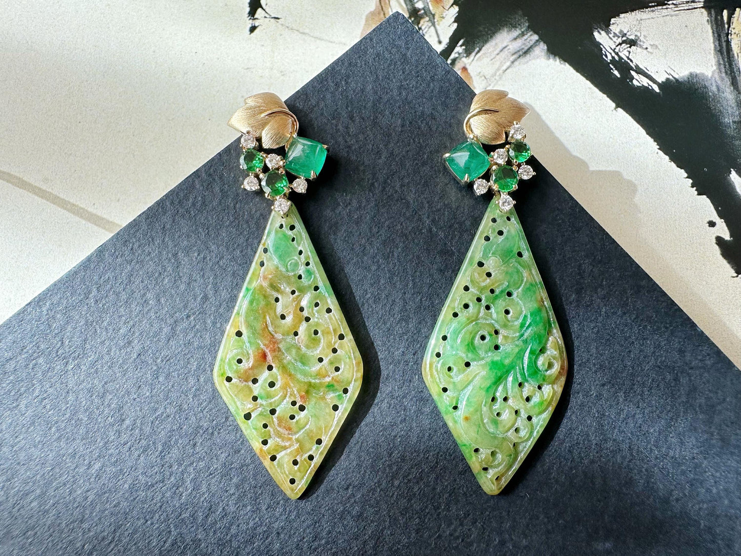 Natural Myanmar Handcrafted Vivid Bicolor Green and Yellow Jade 18K Gold Earrings, with Emerald and Tsavorite