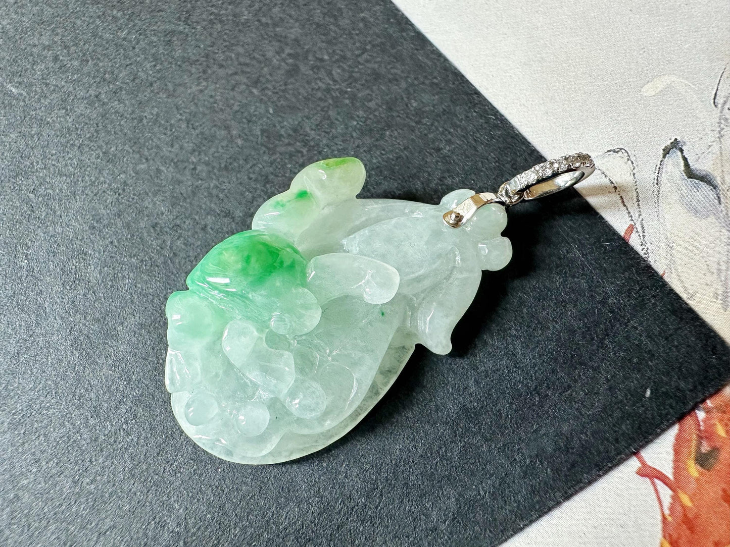 Natural Myanmar Icy Type Vivid Green Jadeite Carved Peach Pendant