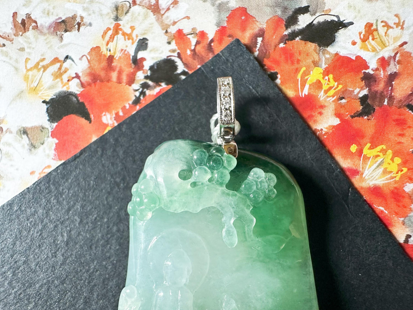 Natural Myanmar Icy Type Jade Pendant with 18K Gold Diamond Bail, Buddha Meditating under a Tree