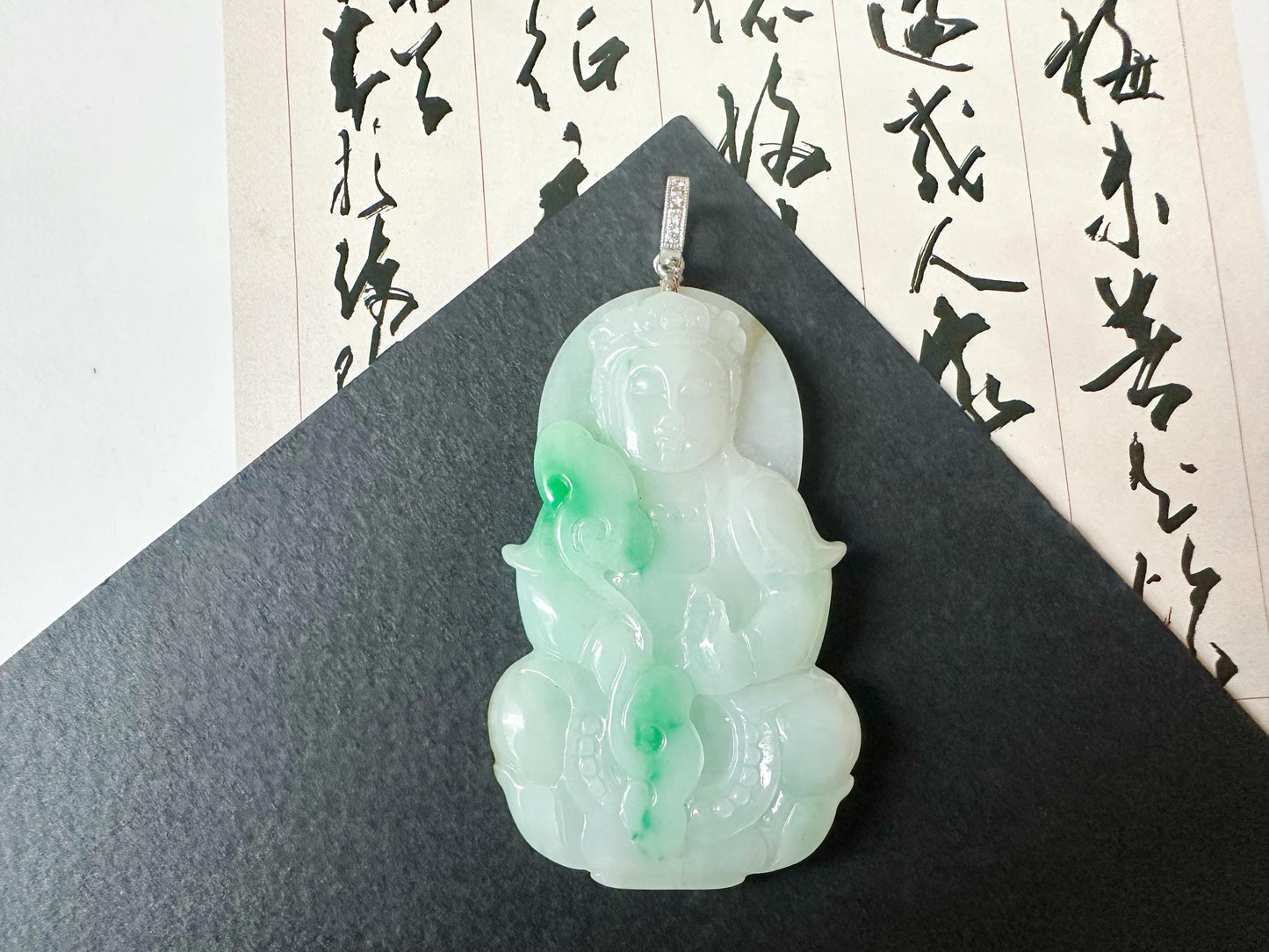 Natural Myanmar Guan Yin Green Jade Pendant with 18K White Gold and Diamond Bail