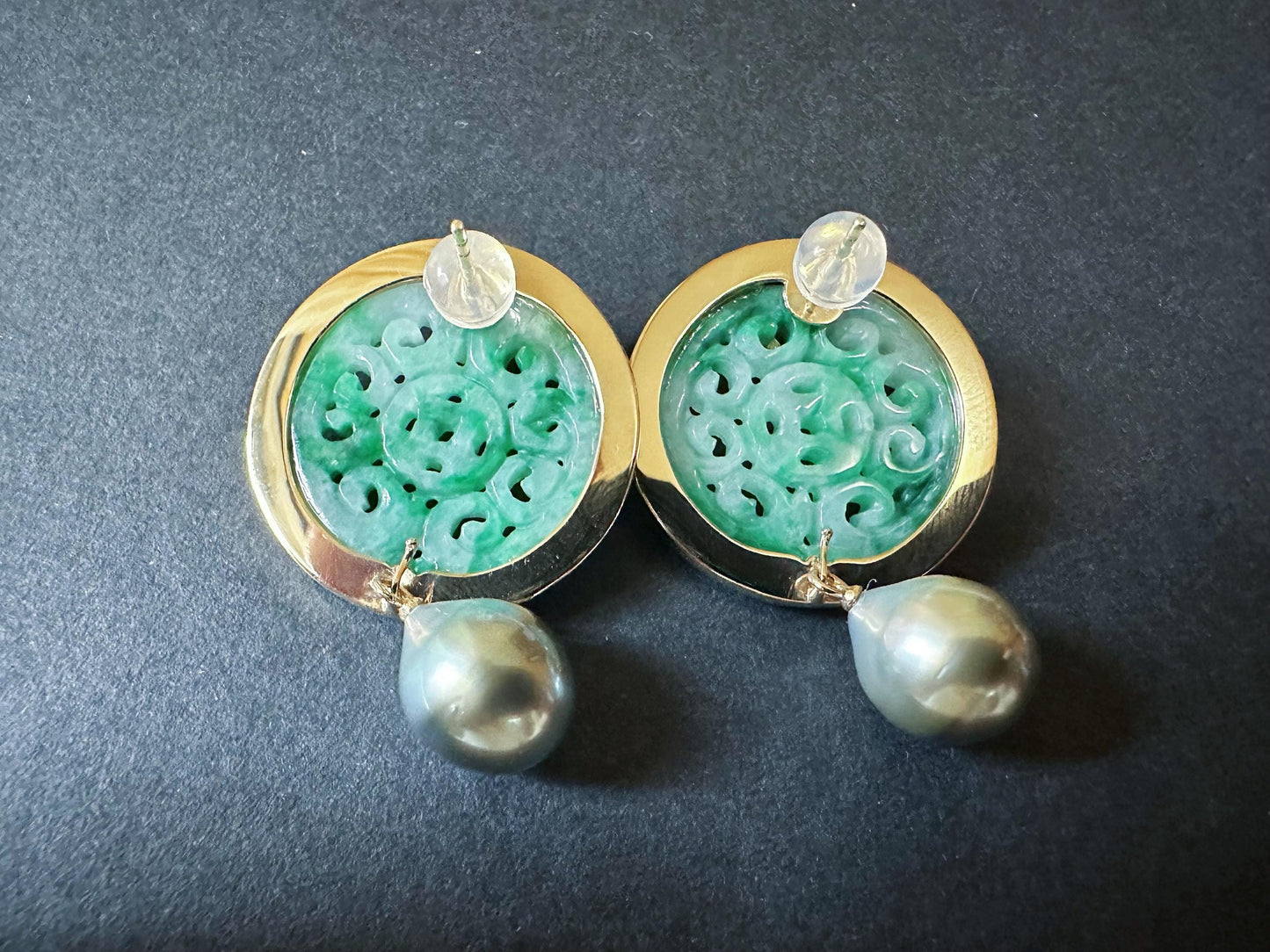Natural Myanmar Green Jade Carved Earrings in 18K Gold and Black Agate & Pearl