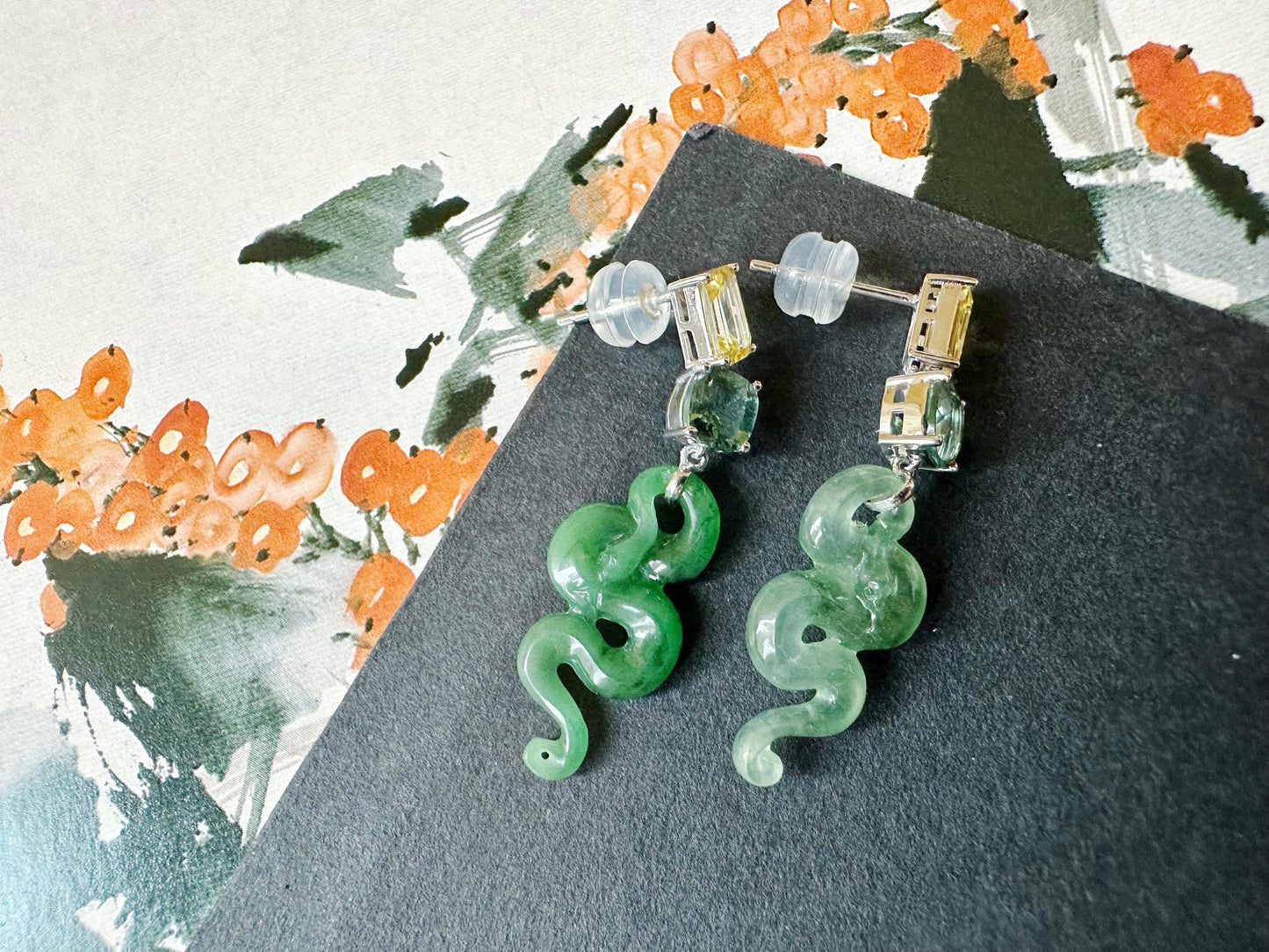 Natural Myanmar Asymmetric Jade Snake Earrings in 18K White Gold with Yellow Sapphires and Garnet
