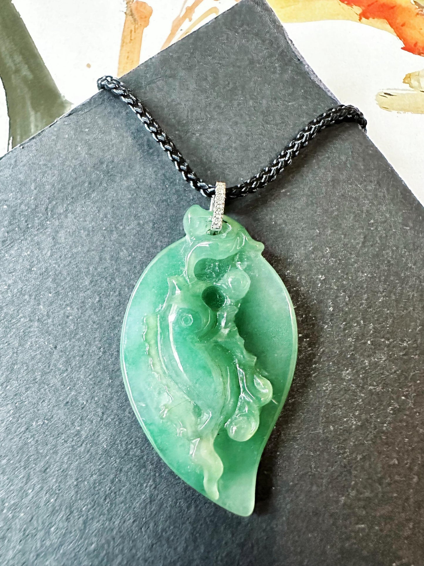 Natural Teal Green Jade Fish Pendant in 18K White Gold with Diamond Bail