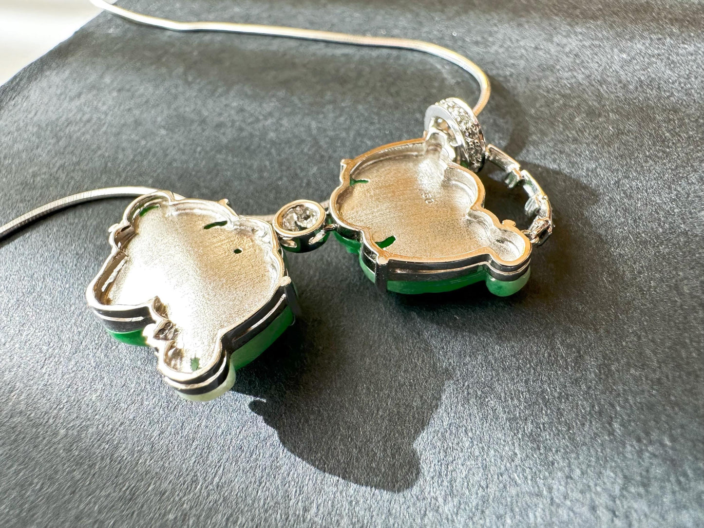Natural Myanmar Twin Bats Vivid Green Jade Pendant in 18K White Gold with Diamonds