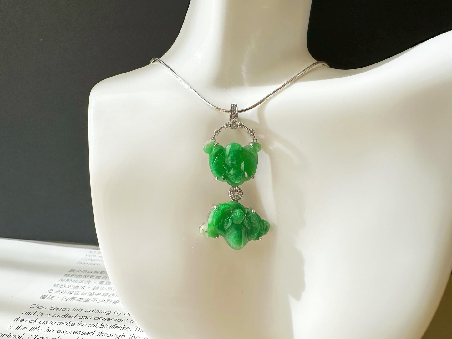 Natural Myanmar Twin Bats Vivid Green Jade Pendant in 18K White Gold with Diamonds