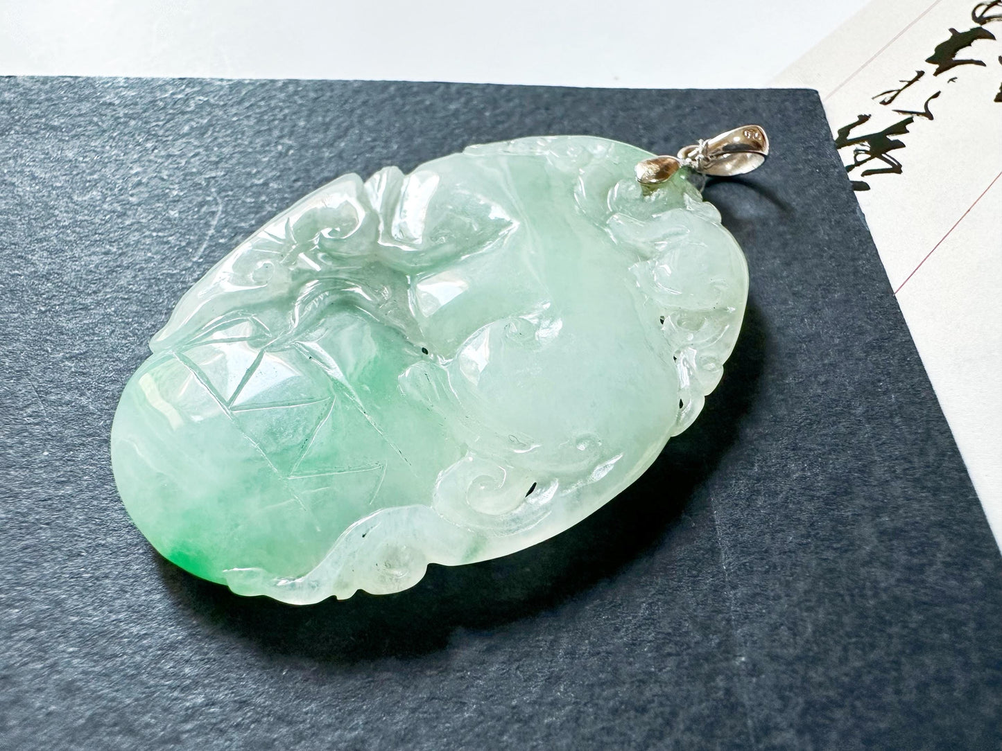 Natural Myanmar Bright Green Loong Jade Pendant with 18K Gold Bail, mythical creatures