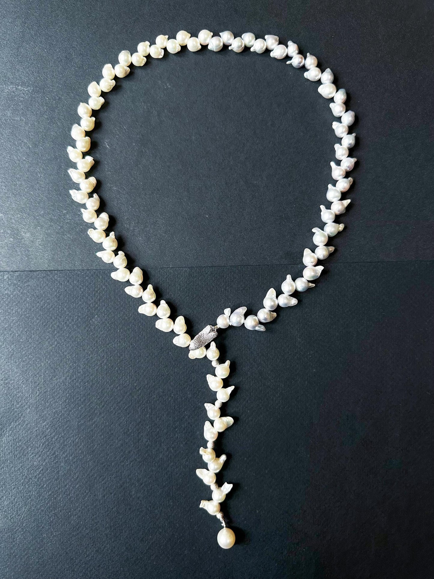 One-of-a-Kind Japan Akoya Pearl Long Necklace | White & Grey Pearls with Blue Tint | Adjustable Sterling Silver Clip | Wheat Ear Design