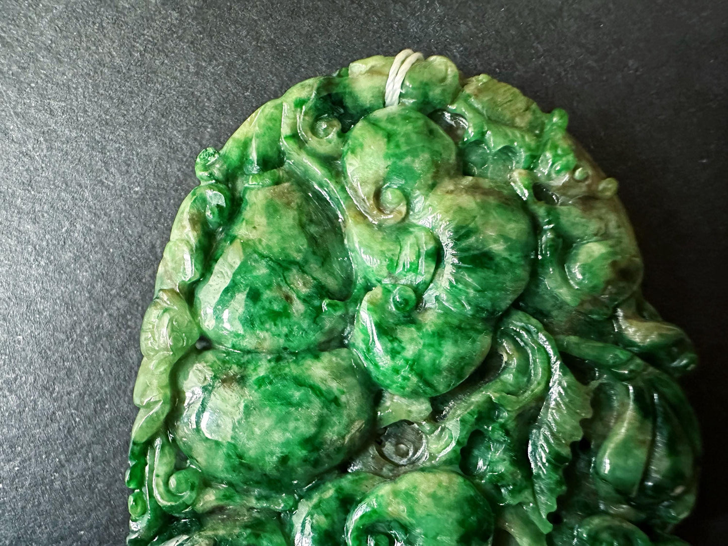 Handcrafted Giant Intense Green Jade Pendant | Artisan-Carved Ruyi, Peach and Lucky Symbols | Unique Jade Jewelry