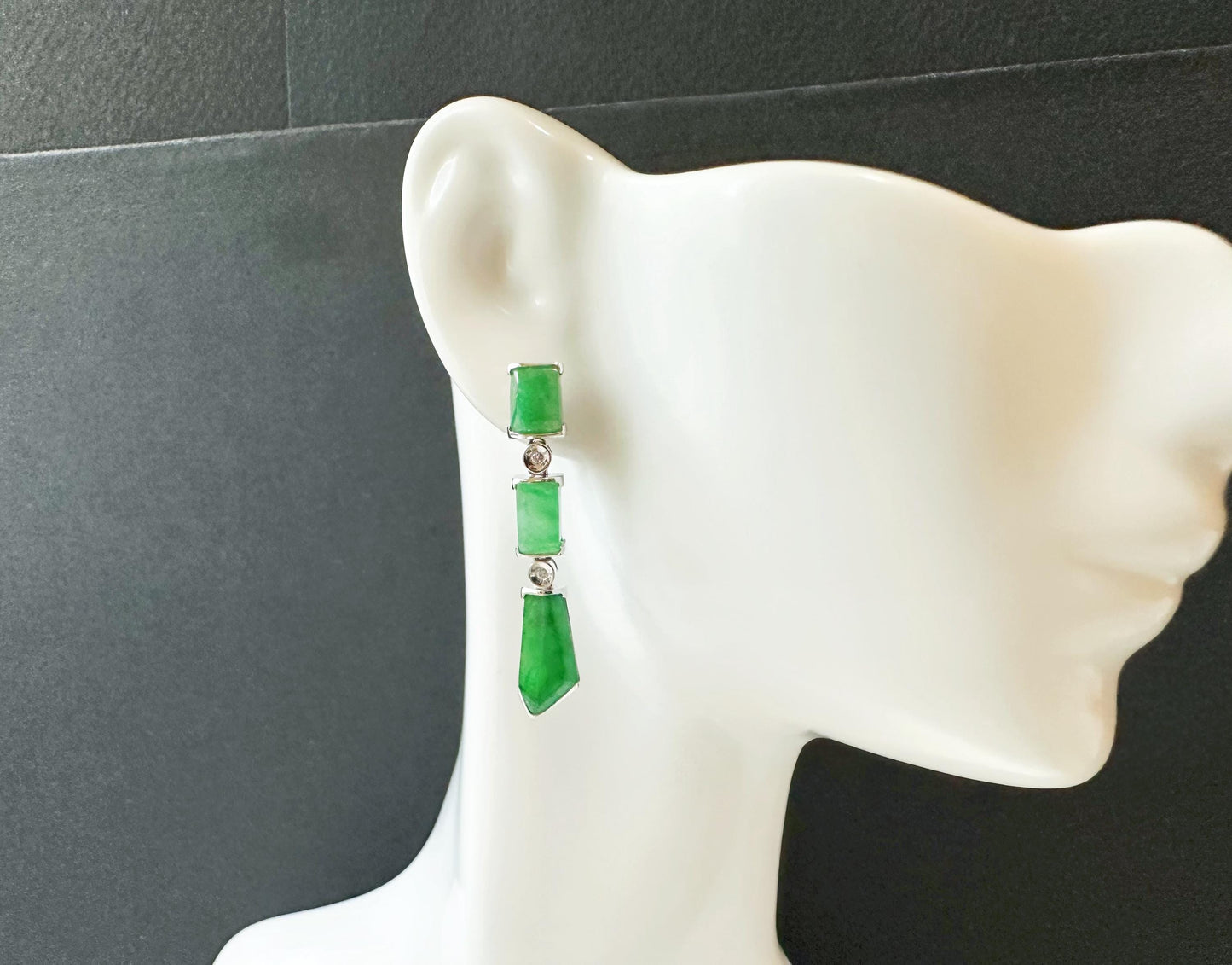 Natural Myanmar Icy Type Vivid Green Asymmetric Jade Earrings in 18K White Gold with Diamond
